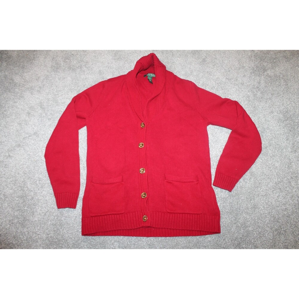 Women's Lauren Ralph Lauren Red Cardigan Sweater Size M Pockets 100% Cotton